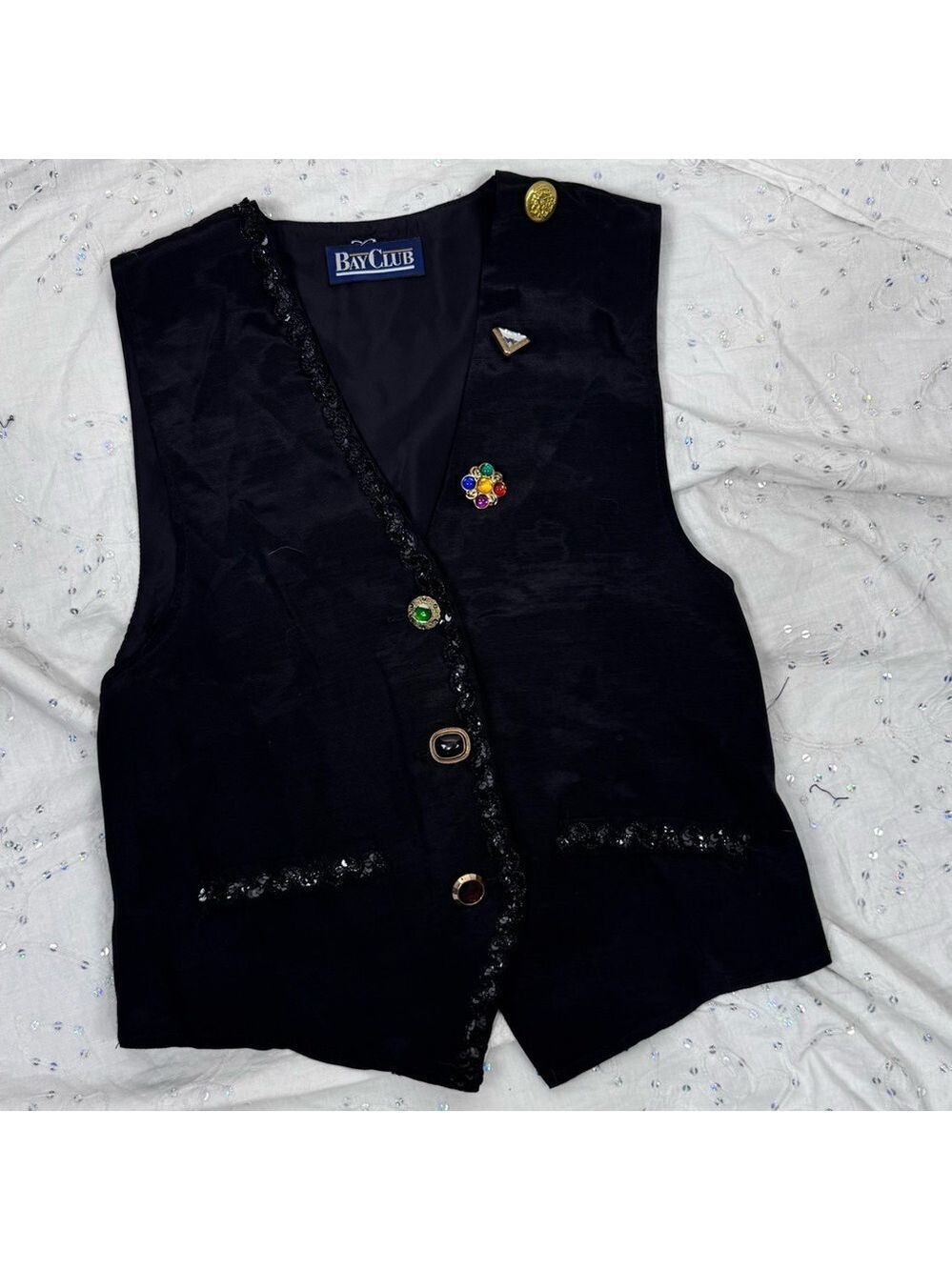 Vintage Bay Club Black Vest Jeweled Embellishments Sequin Trim Size S (approx.)